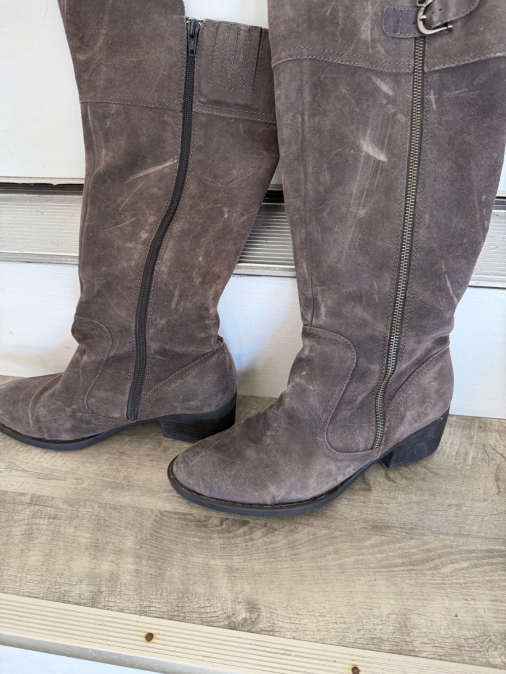Born Tall Suede Zip-Front Riding Boots in Taupe Brown